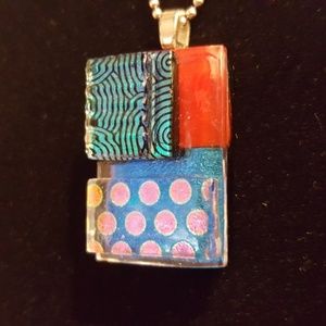NWOT Artisan-made Dichroic Glass Pendant with 16" Sterling silver bead chain